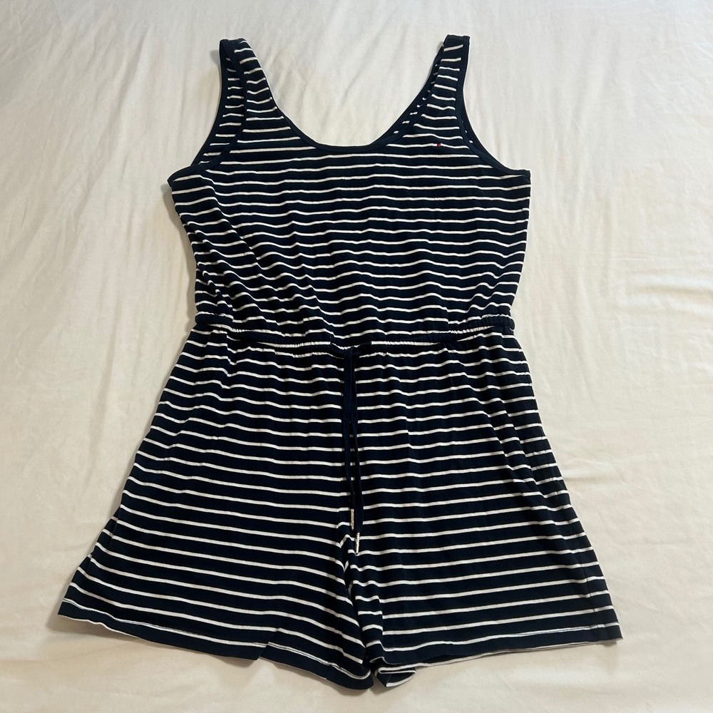 Tommy Hilfiger Womens Navy White Striped Sleeveless Romper Size M Drawstring